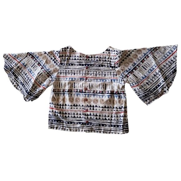 BOMBAY PAISLEY Beige Button Back Crop Top Geometric Bell-Sleeve Size XS - Picture 2 of 5